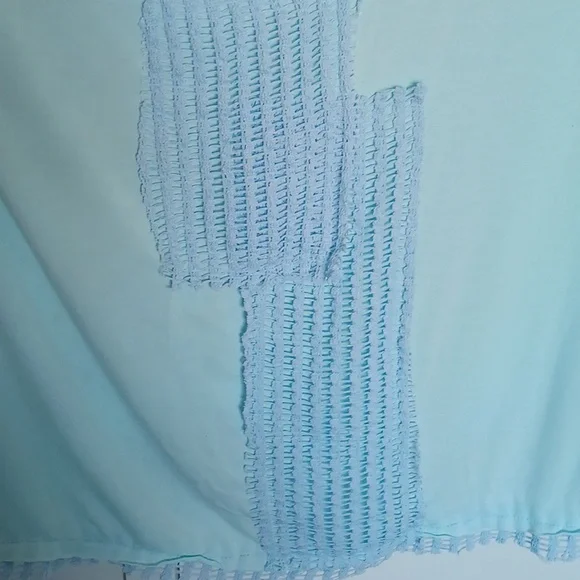 POL Blue Boho Print + Sheer Knit V Neck Rayon Jersey Top - Picture 10 of 14